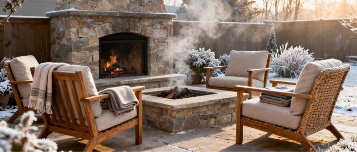 Backyard seating area with stone fireplace and wicker chairs on a cold winter-friendly outdoor ideas