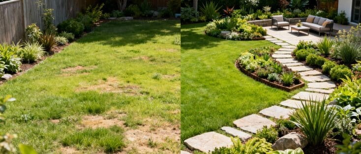Before and after split-screen of a backyard showing a dull, unplanned yard versus a professionally designed landscape with plants, pathways, and seating.