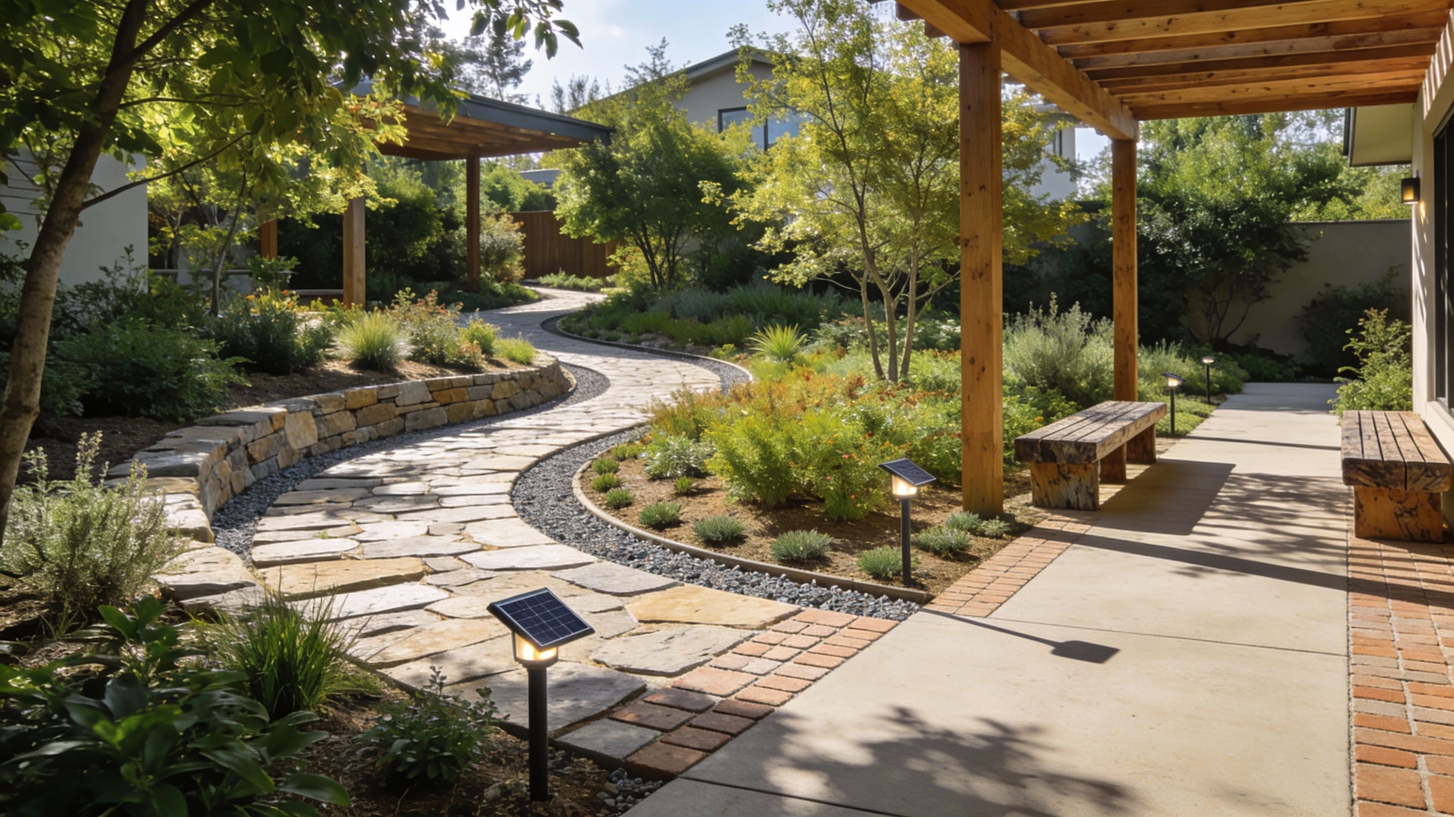 Eco-friendly backyard landscape with native plants, stone paths, drainage, and sustainable materials in daylight