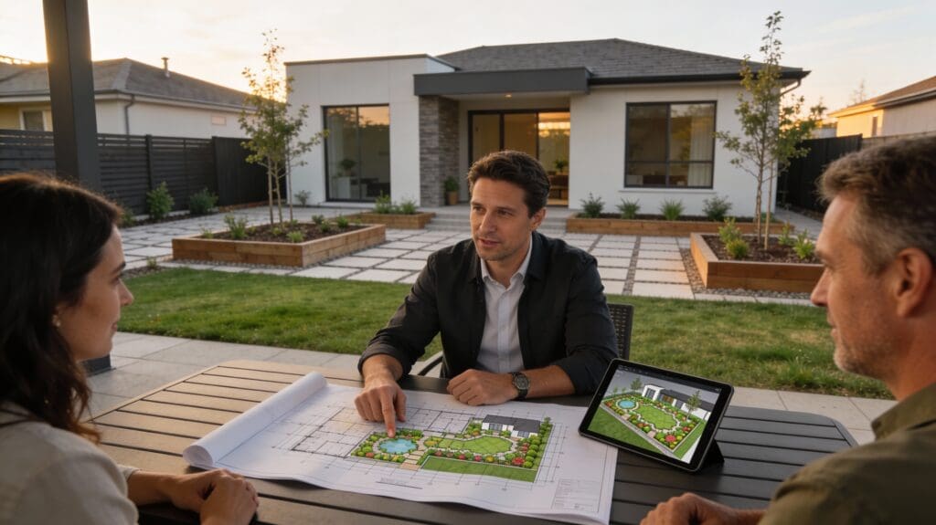 Landscape consultant discussing backyard plans with homeowners using tablet and prints in calm garden setting