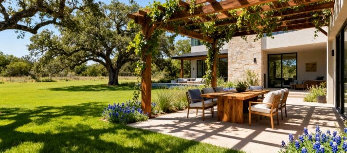 Modern Texas residential backyard landscape design featuring open lawn, shaded pergola, outdoor seating, native plants, and balanced sun-shade areas in warm natural light.
