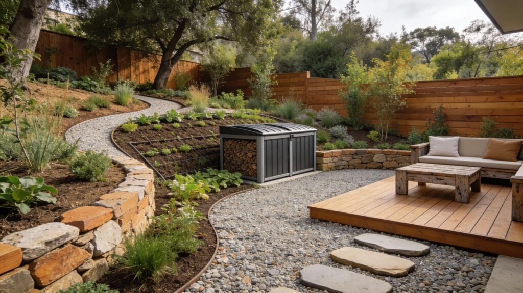 Modern luxurious backyard evening patio with kitchen, fireplace, seating, greenery. Ultra-realistic cinematic view