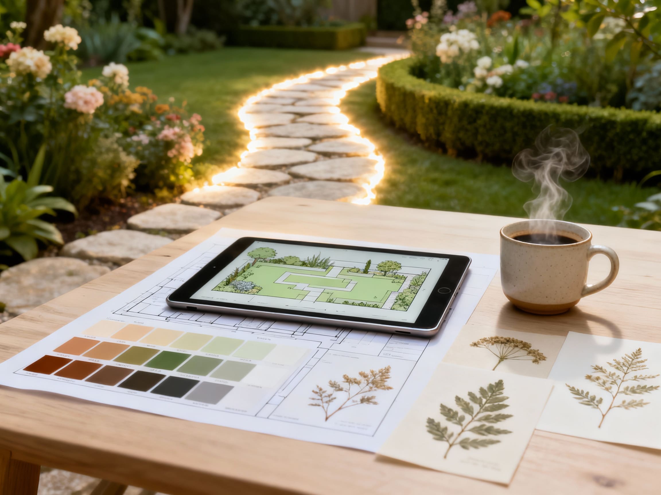 Outdoor workspace with a landscape design tablet, plant samples, and tools arranged neatly, symbolizing a calm and stress-free landscape design process.