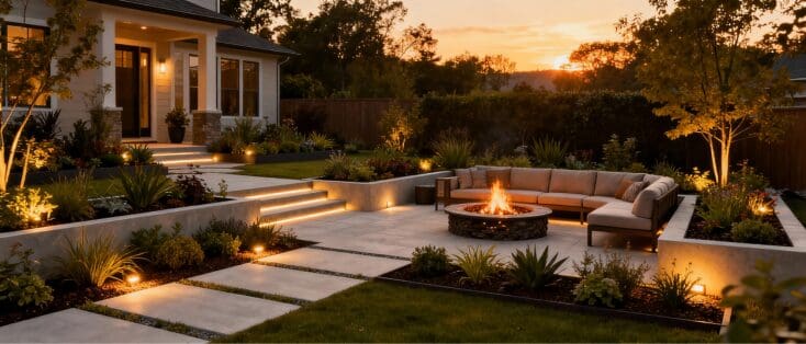 Photorealistic modern backyard at sunset with structured planting, stone hardscaping, landscape lighting, and cozy outdoor furniture.