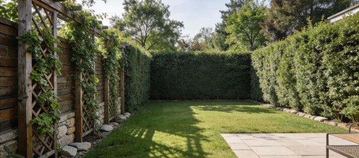 Private modern backyard landscape with tall hedges, wooden trellises with climbing vines, and ornamental trees creating natural privacy screen