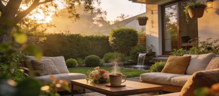 Professional landscape designers reviewing outdoor plans on a tablet at a modern residential backyard site, realistic photography. (1)