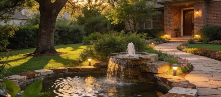 Professionally designed suburban residential landscape with layered greenery, stone pathways, water feature, and soft garden lighting captured during golden hour