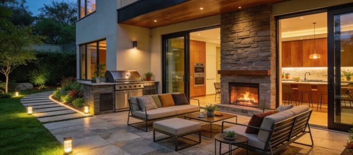 Sustainable backyard with native plants, compost, wood-stone textures, eco-furniture. Realistic natural landscape. (1)