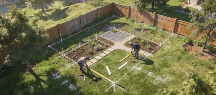 Top-down drone shot of residential backyard assessment by landscape design experts using measuring tools and layout markings under natural daylight.