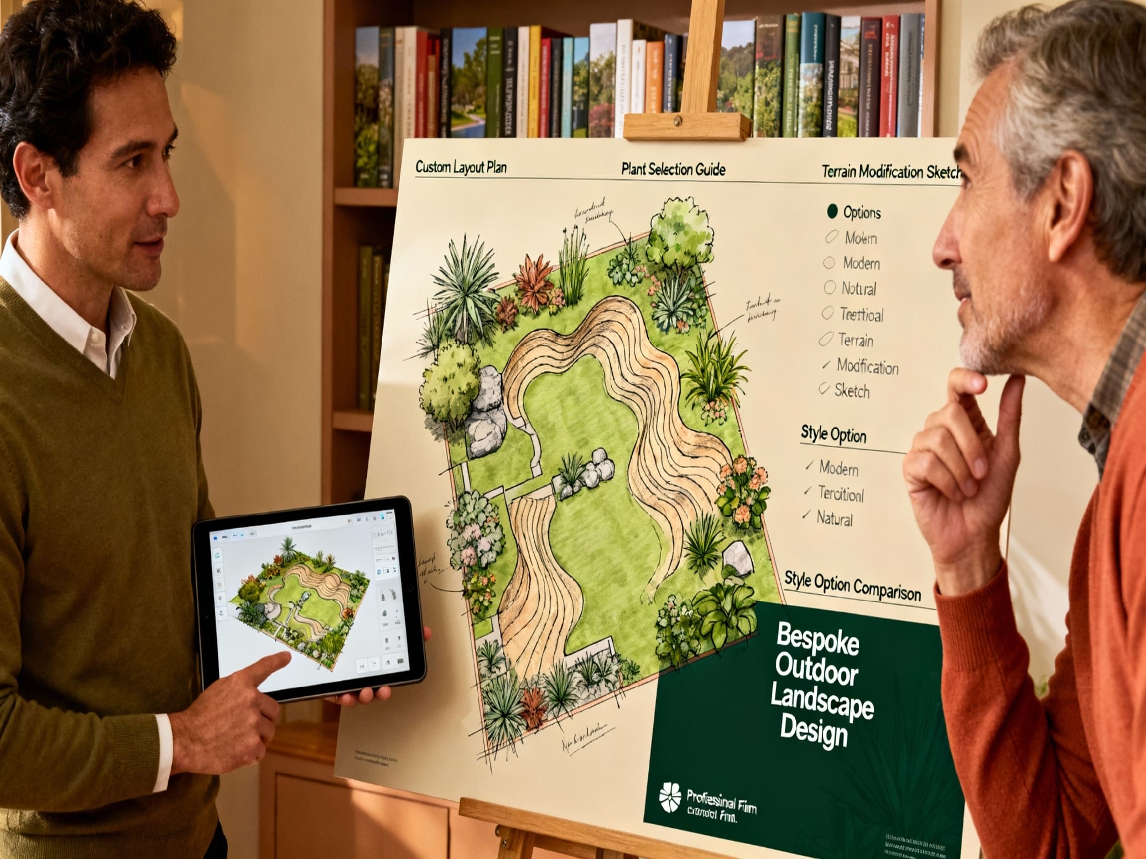 Landscape designer presenting a personalized landscape plan to a homeowner, showcasing custom design options based on soil, climate, and aesthetic preferences.