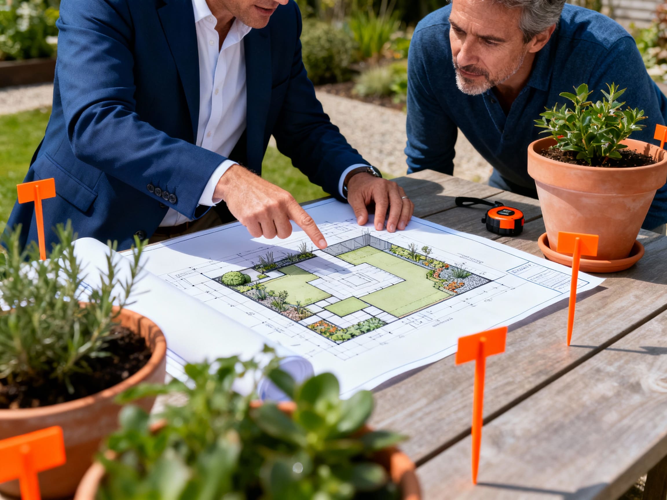 Professional landscape designer reviewing detailed garden blueprints with a homeowner in a partially built backyard, surrounded by plants and layout markers, illustrating the accuracy, efficiency, and structured project management of hiring a professional over DIY landscaping.