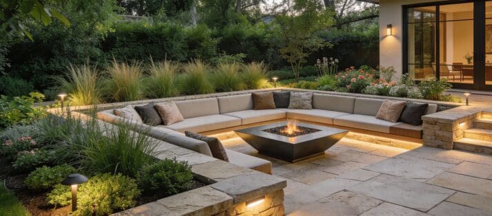Wide-angle photo from patio corner capturing outdoor living space with seating, fire pit, and landscaped greenery in balanced composition.