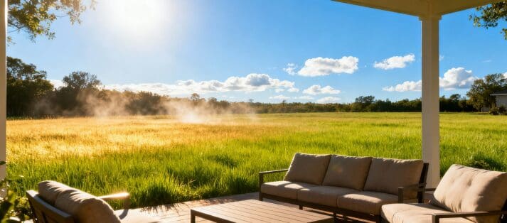 Wide open sunny backyard with natural grass lawn and exposed outdoor seating area, illustrating benefits and challenges of uncovered outdoor living spaces.