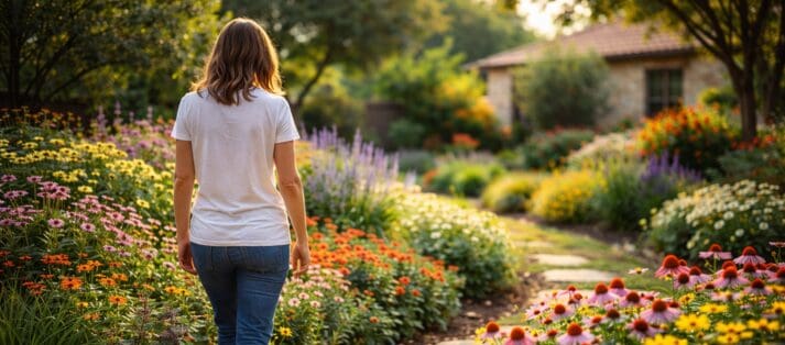 Homeowner walking along a winding garden path surrounded by blooming seasonal flowers in a San Antonio backyard, warm sunlight, soft-focus residential background, and relaxed candid moment.