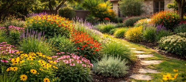 Hyperrealistic all-season flower garden in a San Antonio backyard with vibrant native Texas blooms.