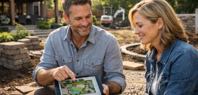 Landscape consultant reviewing outdoor design plans with homeowner on a residential property