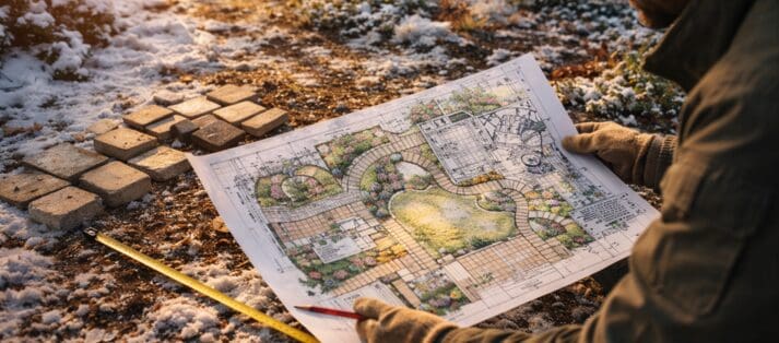 Landscape designer reviewing patio and walkway plans outdoors.png