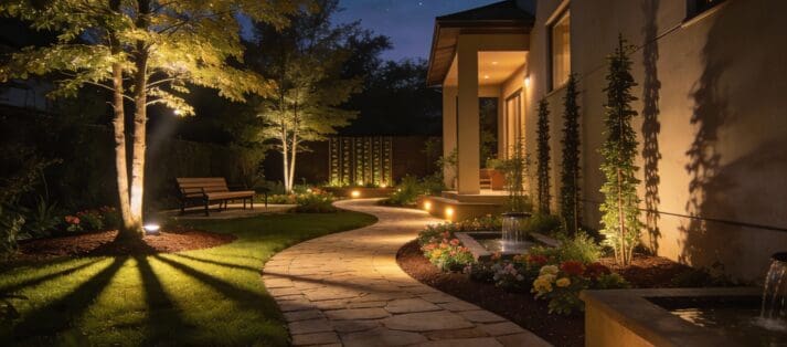 Modern night landscape warm pathway lights, uplighted trees, elegant garden. (1)
