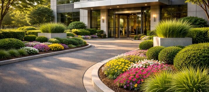 Modern office entrance with landscaped flowers and shrubs