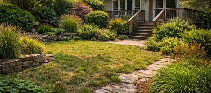 Outdated residential landscape with overgrown plants and worn pathways