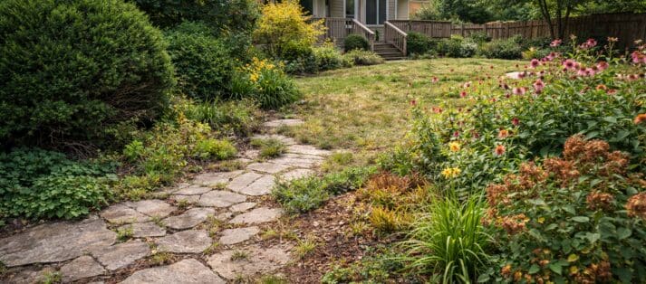 Residential yard showing outdated landscaping and design flaws