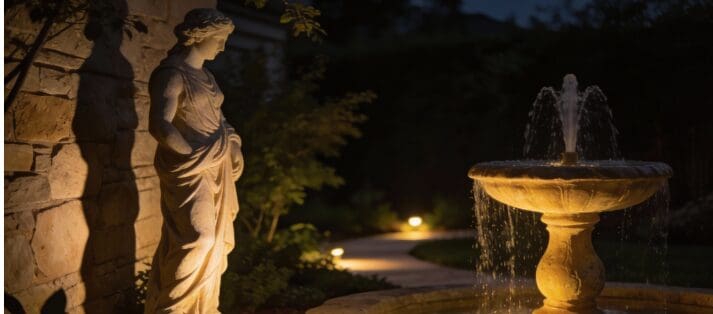 Stone statue and water feature with soft uplighting, natural shadows. (1)