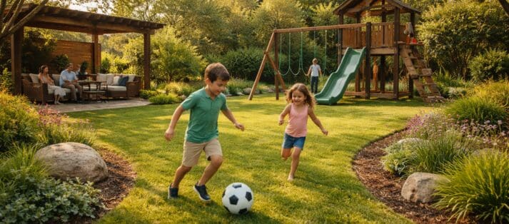 Family-friendly landscaped backyard with children playing on a green lawn and shaded seating for adults
