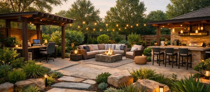 Modern landscaped backyard with outdoor workspace, lounge seating, and outdoor kitchen designed for contemporary outdoor living