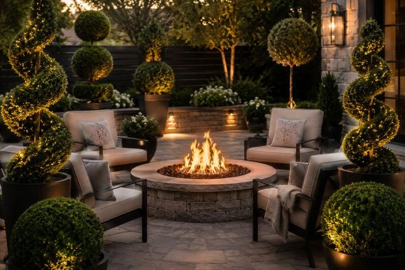 Combining Topiary Accent and Fire Pit