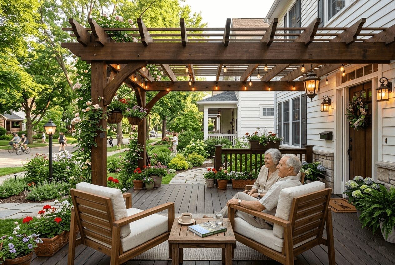 Front Wooden Pergola as a House Porch