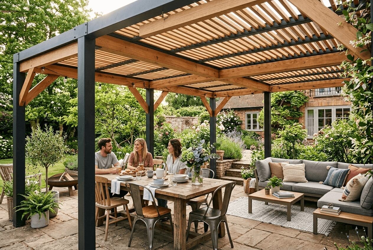 Mixing Pergola Materials for Blended Elegance