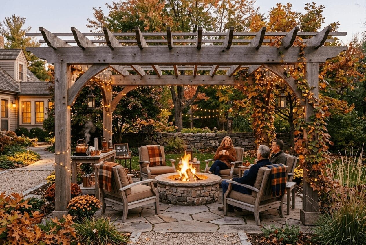 Traditional Wood Pergola with a Fire Pit