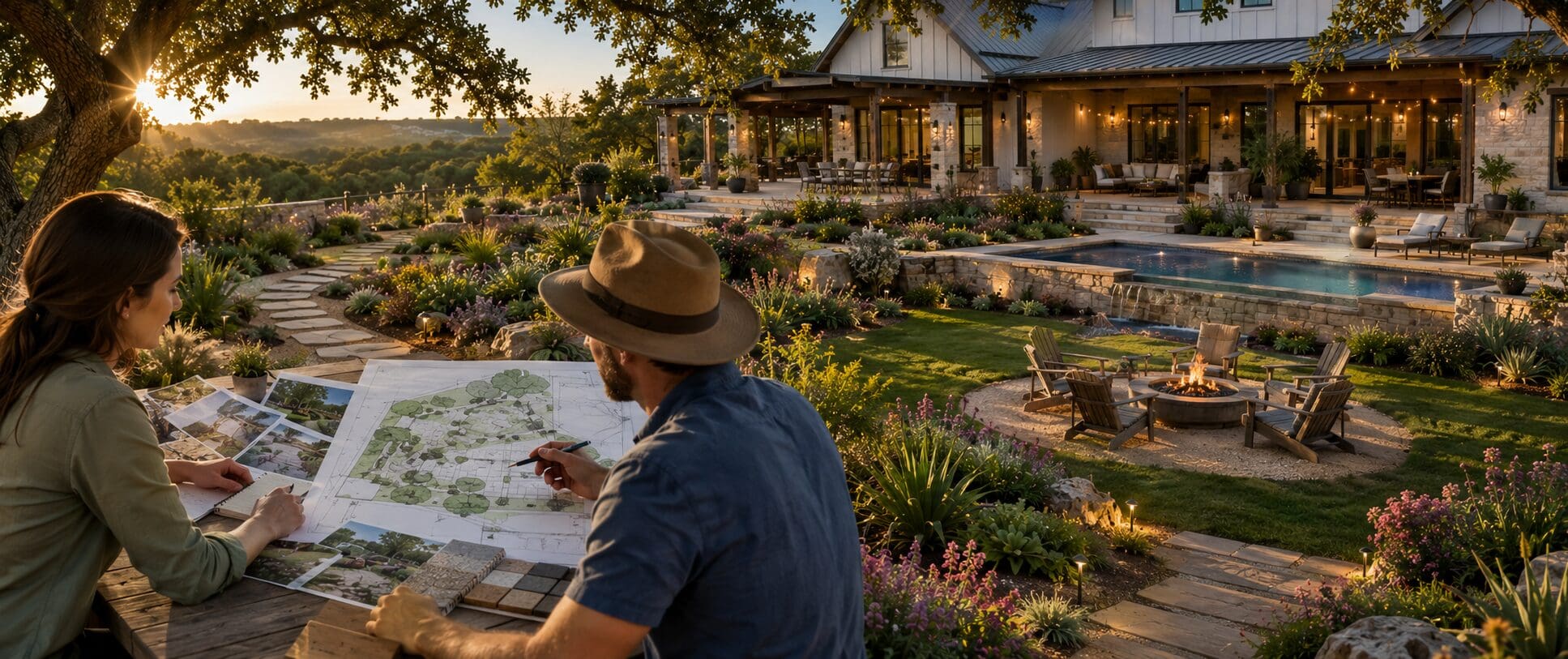 Beautiful landscape construction with outdoor seating and fireplace at sunset