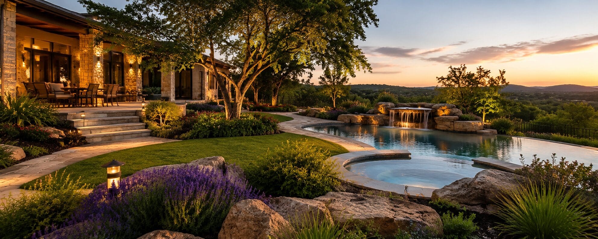 Beautiful landscape construction with outdoor seating and fireplace at sunset