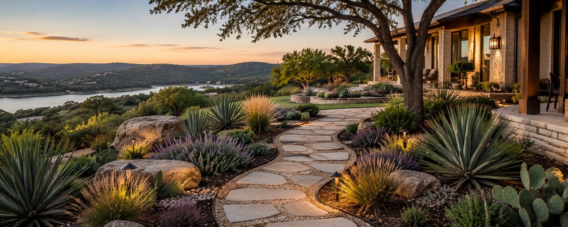 Structured xeriscape rock garden landscape design for hot arid weather
