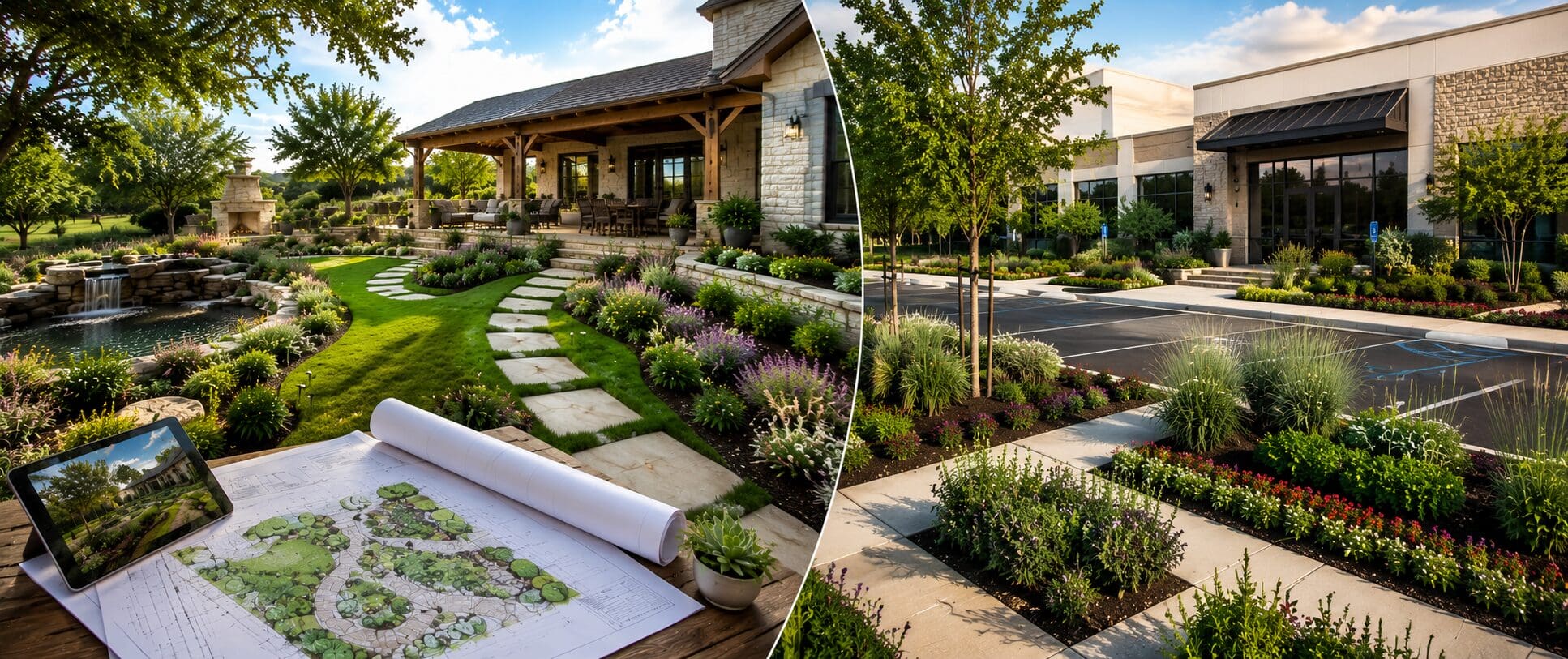 Beautiful landscape construction with outdoor seating and fireplace at sunset