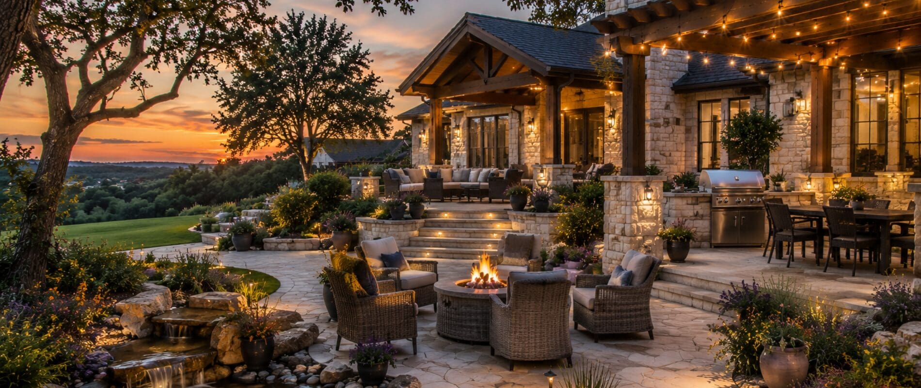 Beautiful landscape construction with outdoor seating and fireplace at sunset