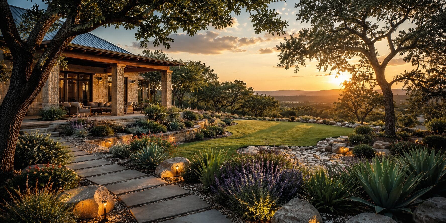Beautiful landscape construction with outdoor seating and fireplace at sunset
