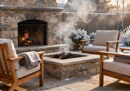 Backyard seating area with stone fireplace and wicker chairs on a cold winter-friendly outdoor ideas