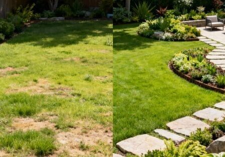 Before and after split-screen of a backyard showing a dull, unplanned yard versus a professionally designed landscape with plants, pathways, and seating.
