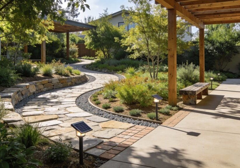Eco-friendly backyard landscape with native plants, stone paths, drainage, and sustainable materials in daylight