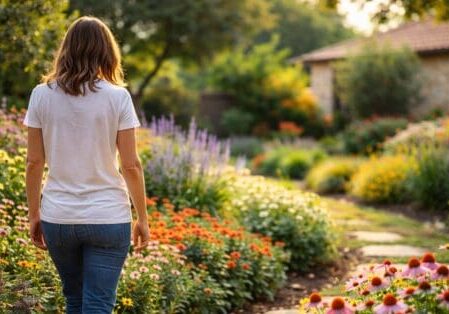 Homeowner walking along a winding garden path surrounded by blooming seasonal flowers in a San Antonio backyard, warm sunlight, soft-focus residential background, and relaxed candid moment.