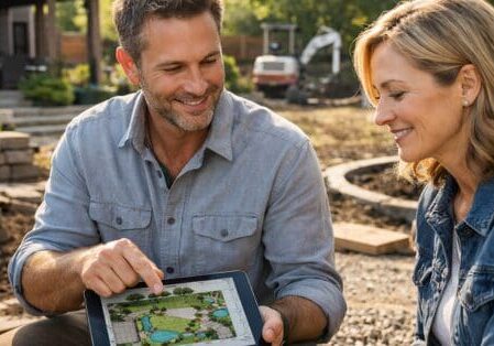 Landscape consultant reviewing outdoor design plans with homeowner on a residential property