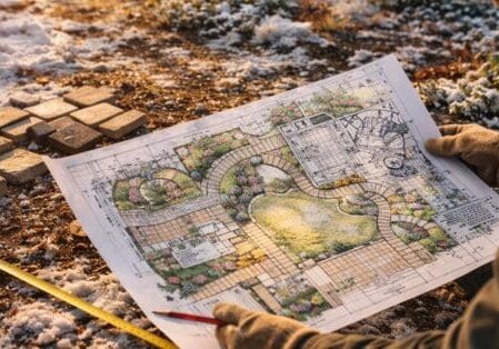 Landscape designer reviewing patio and walkway plans outdoors.png