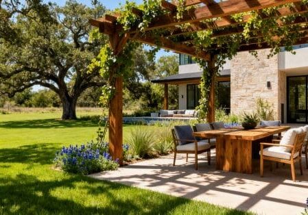 Modern Texas residential backyard landscape design featuring open lawn, shaded pergola, outdoor seating, native plants, and balanced sun-shade areas in warm natural light.