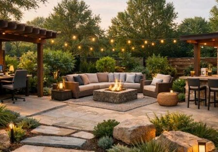 Modern landscaped backyard with outdoor workspace, lounge seating, and outdoor kitchen designed for contemporary outdoor living