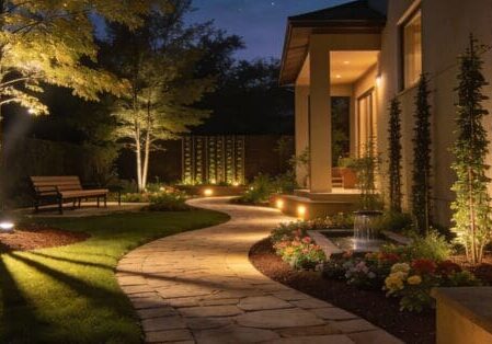 Modern night landscape warm pathway lights, uplighted trees, elegant garden. (1)