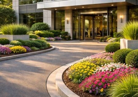 Modern office entrance with landscaped flowers and shrubs