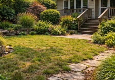 Outdated residential landscape with overgrown plants and worn pathways