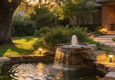 Professionally designed suburban residential landscape with layered greenery, stone pathways, water feature, and soft garden lighting captured during golden hour